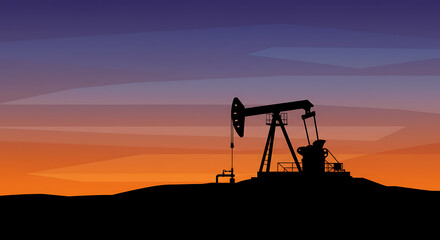 Naklejka premium Industrial oil pump rig silhouetted against a beautiful sunset, symbolizing the fossil fuel energy industry and petroleum extraction