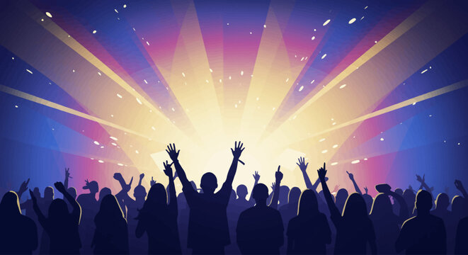 A vibrant flat design illustration capturing the electric atmosphere of a music festival, with a diverse crowd cheering and hands raised in unity.