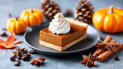 A delicious slice of pumpkin pie topped with whipped cream, surrounded by pumpkins, pinecones, and spices, evoking a warm autumn atmosphere.