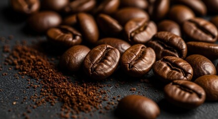 Fototapeta premium Close-up of Roasted Coffee Beans with Ground Coffee on Dark Background