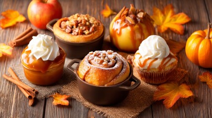 A cozy autumn display featuring baked desserts with caramel, nuts, and whipped cream, surrounded by seasonal decorations like pumpkins and leaves.