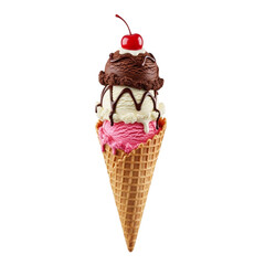 Delicious triple scoop ice cream cone with cherry on top isolated on transparent background