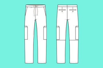 Unisex Medical Uniform Jogger Pant Apparel Flat Sketch Outline CAD Mockup Template.