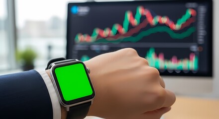 Close-up of a person's wrist with a smart watch displaying a green screen, in front of a computer monitor showing stock market graphs.