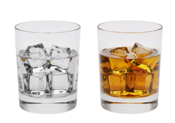 Refreshing beverages Whiskey and water glasses with ice cubes, isolated transparent background concept