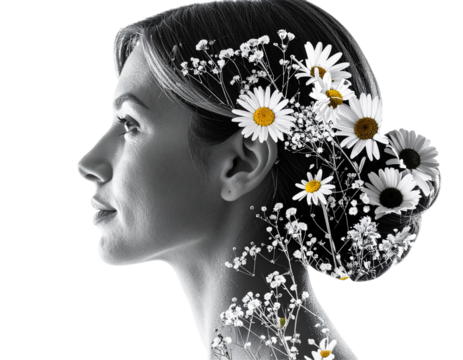 Monochrome Botanical Collage Portrait with Delicate Wildflowers and Textured Paper Cutouts, Side Profile, Transparent Background