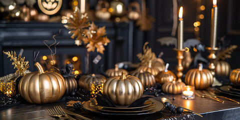Elegant gold pumpkins and candles create a luxurious Halloween table setting