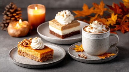 A cozy autumn scene featuring delicious desserts and a warm cup of hot chocolate, surrounded by candles and autumn leaves.