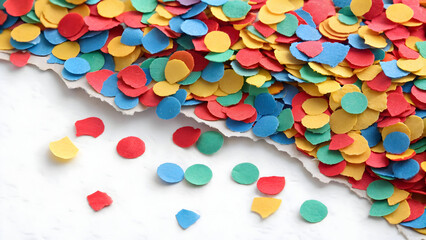 Pile of torn colorful confetti scattered across white background with some pieces falling