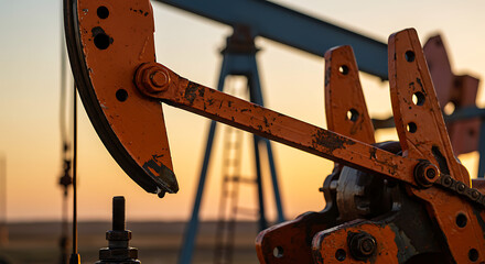 Industrial machinery of an oil well pump jack with the sun setting over a petroleum field in the background