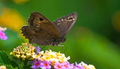 Obraz premium A close-up view of a brown butterfly delicately feeding on vibrant blossoms, showcasing its intricate details against a backdrop of soft, out-of-focus green and colorful flowers.