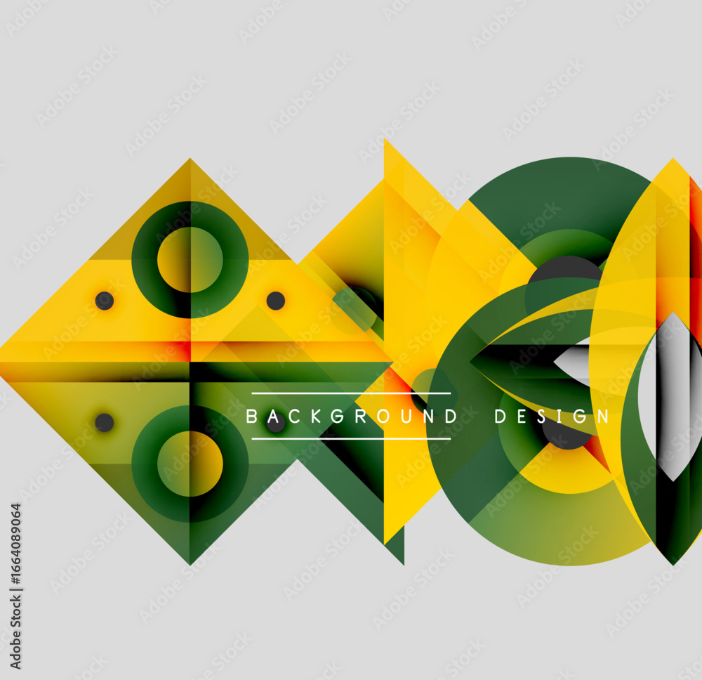Poster abstract geometric composition. yellow, green layers create dynamic visual effect. modern design ele