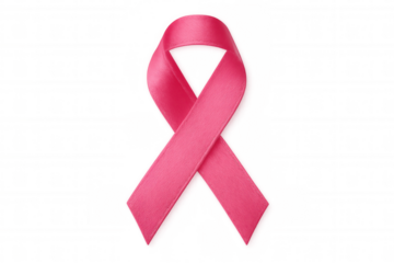 Pink breast cancer awareness ribbon symbolizing solidarity, resting against transparent backdrop