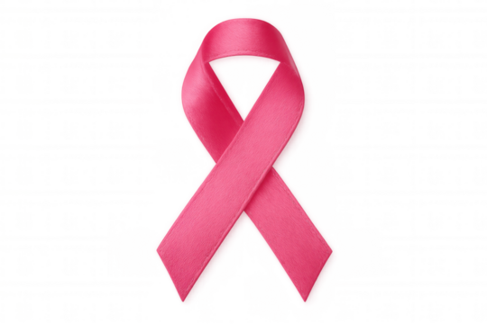 Pink breast cancer awareness ribbon symbolizing solidarity, resting against transparent backdrop