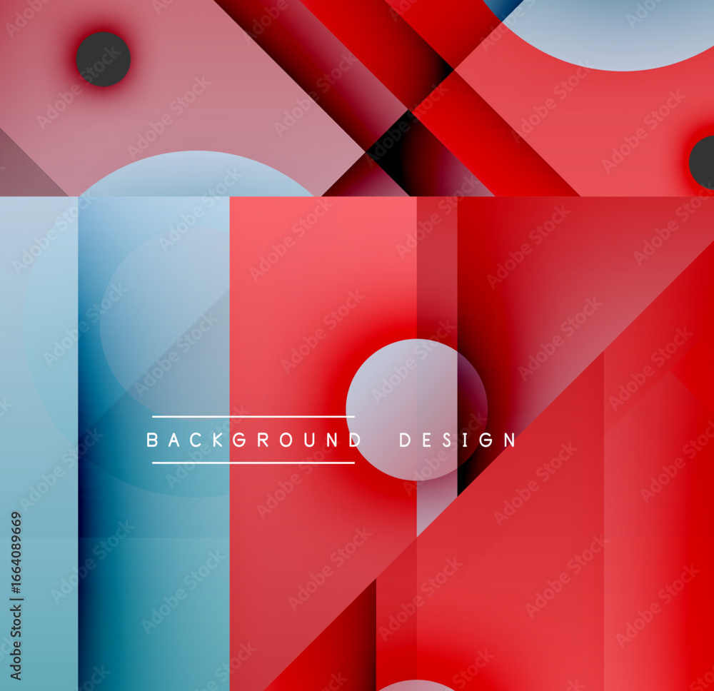 Poster abstract geometric composition. red, blue gradients dominate. overlapping shapes create dynamic visu