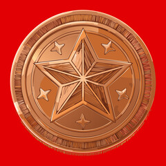 A circular bronze medal with a detailed five-point star, an icon representing honor, victory, and military achievements.