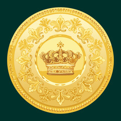 Ornate golden coin with an embossed crown, a classic and elegant design perfect for app currencies, games, or awards.
