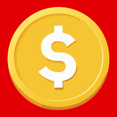 Visual Illustration Game currency, a gold coin with a dollar sign on a red background, flat design style, financial icon.