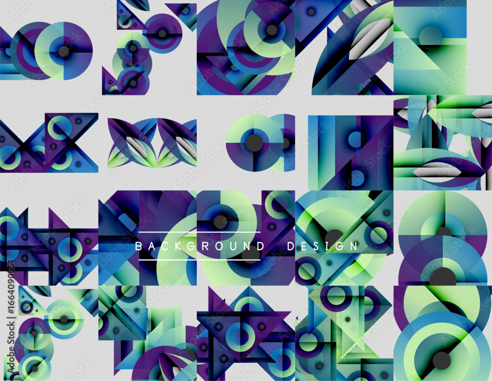 Poster abstract geometric patterns dominate image. blue, purple, green hues create dynamic visual texture. 