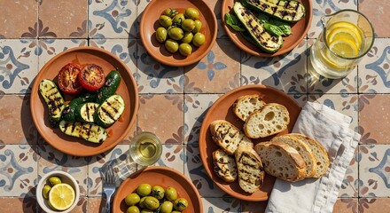 Mediterranean Feast with Grilled Veggies and Fresh Bread