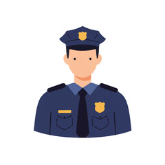 A clean 2D flat vector illustration of a police officer, standing in uniform with a prominent badge, depicted with solid colors and minimalist lines on a crisp white background.