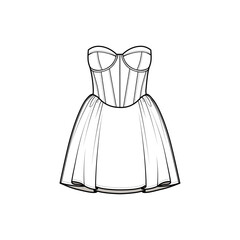Strapless Party Dress Fashion Flat. Elegant Bustier Bodice & Flared Skirt Vector Illustration