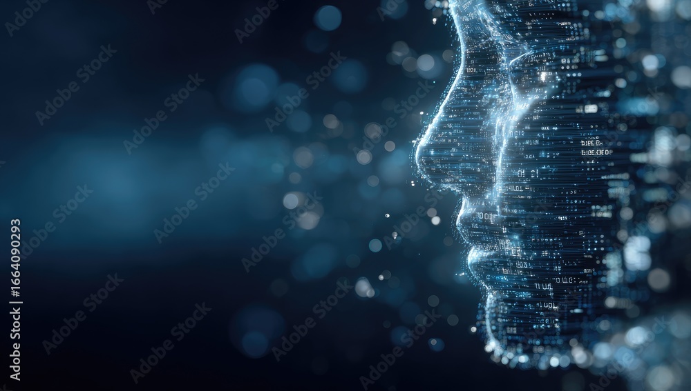 Fototapete profile view of a digital human face, composed of light-blue, glowing data points or lines. soft bok