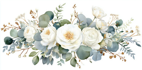 Watercolor flower arrangement shows soft tones. The surface glows.  Uses include wedding invitations, posters, and branding elements.