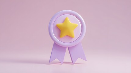 3d rendered purple ribbon award with yellow star on pastel background