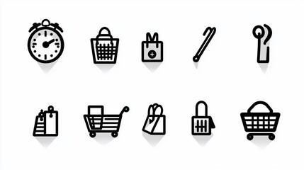 A collection of ten simple shopping icons clock, bags, cart, hook, and basket