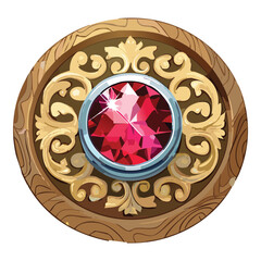  Circular wooden decorative piece with a faceted ruby, ornate carvings of foliage, isolated magical game icon.