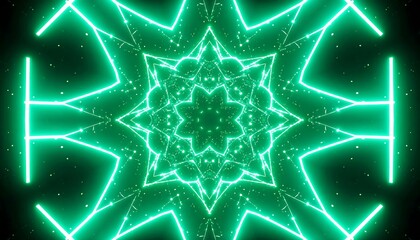 A vibrant, symmetrical pattern of glowing lime-green lines and points creates a captivating, hypnotic effect.
