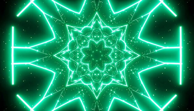 A vibrant, symmetrical pattern of glowing lime-green lines and points creates a captivating, hypnotic effect.