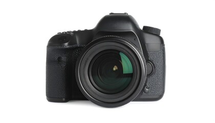 High-angle, full shot of a black digital camera against a plain white background.