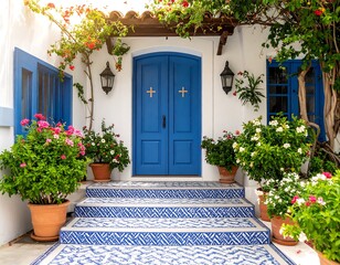 Naklejka premium White house with blue doors and flowers