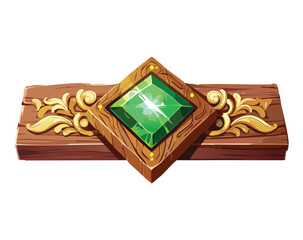 Golden and wooden ornate trim with a central green gem visual illustration game