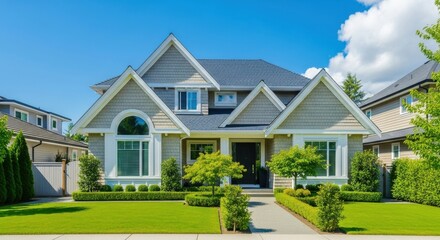 A beautiful suburban home with manicured landscaping and a paved walkway leading to the front door under a clear blue sky