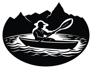 Kayaker paddling in mountain lake serene outdoor adventure black and white design