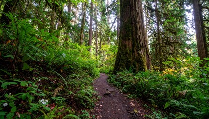Obraz premium A sun-dappled forest trail winds through lush greenery and towering trees, bathed in soft natural light.