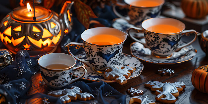 Cozy Halloween tea party with spooky treats and glowing jack-o'-lantern candle