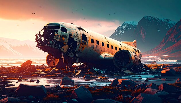 A wrecked airplane rests on a rocky shore at sunset, with dramatic mountains as a backdrop.