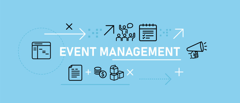 Event Management banner illustration icons representing planning from scheduling and communication budgeting and logistics organizing and executing successful events