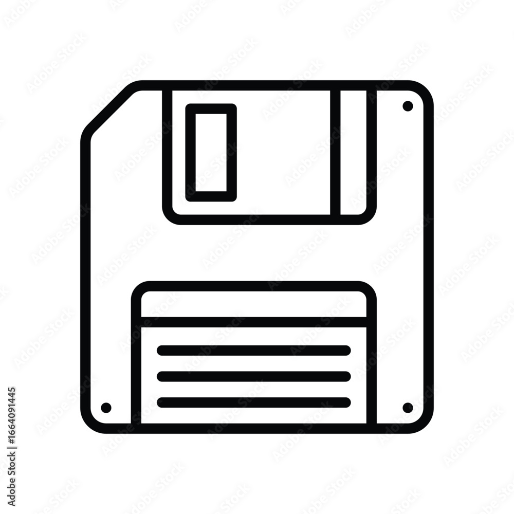 Poster A line drawing of a floppy disk featuring a square shape with a notched corner and a sliding cover revealing horizontal lines. Editable stroke. Vector illustration