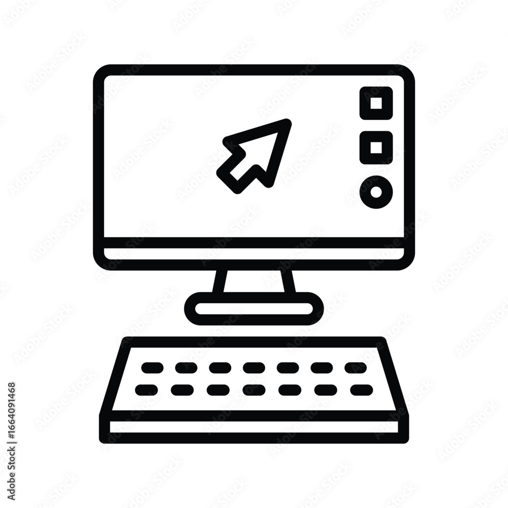 Aufkleber a stylized icon of a computer with a screen mouse cursor and a keyboard below. editable stroke. vect