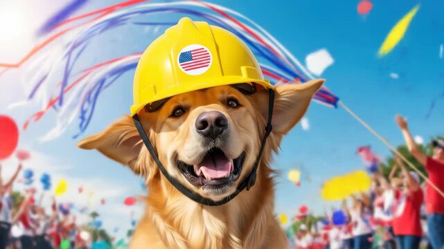 Golden Retriever in Yellow Hard Hat Amidst Red White Blue Confetti