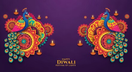 A vibrant diwali celebration unfolds with two ornate peacocks perched amidst colorful floral designs and glowing diyas, symbolizing light and prosperity on a deep purple background