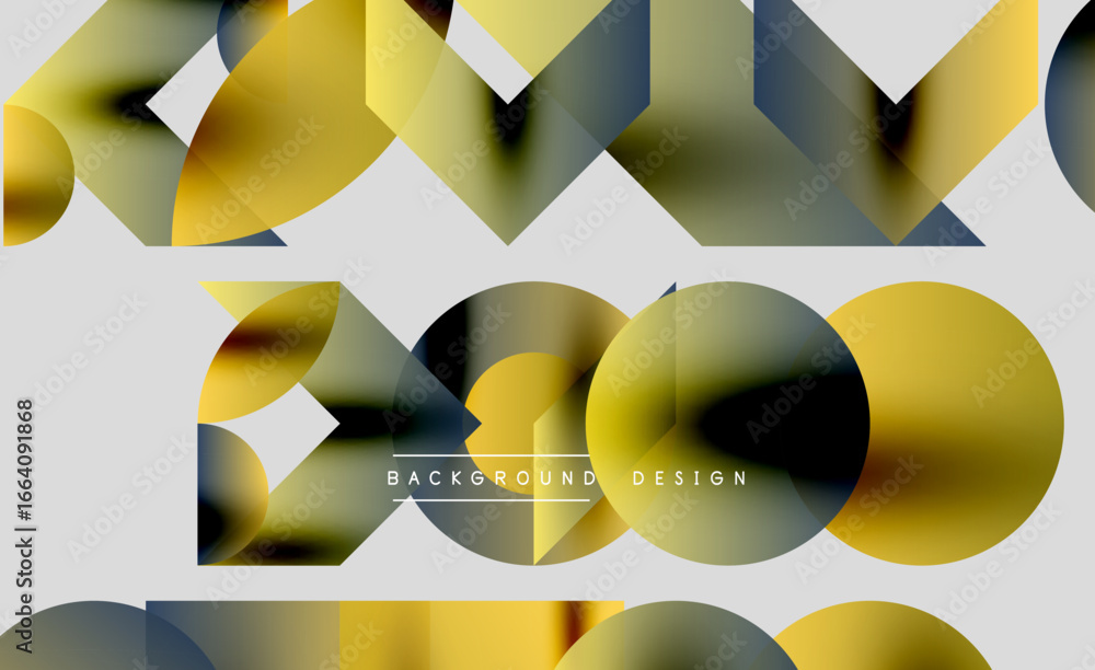 Poster abstract geometric shapes, gold tones, gray backdrop. modern design elements create dynamic visual t