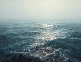Turbulent ocean waves at dawn, misty horizon, vast expanse