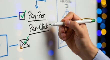 A hand is writing payperclick advertising strategy on a whiteboard with a marker, with a checklist and email icon