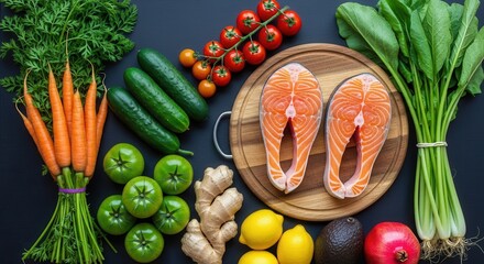 A vibrant arrangement of fresh salmon steaks, carrots, cucumbers, tomatoes, and other vegetables on a dark surface, showcasing healthy and nutritious food choices